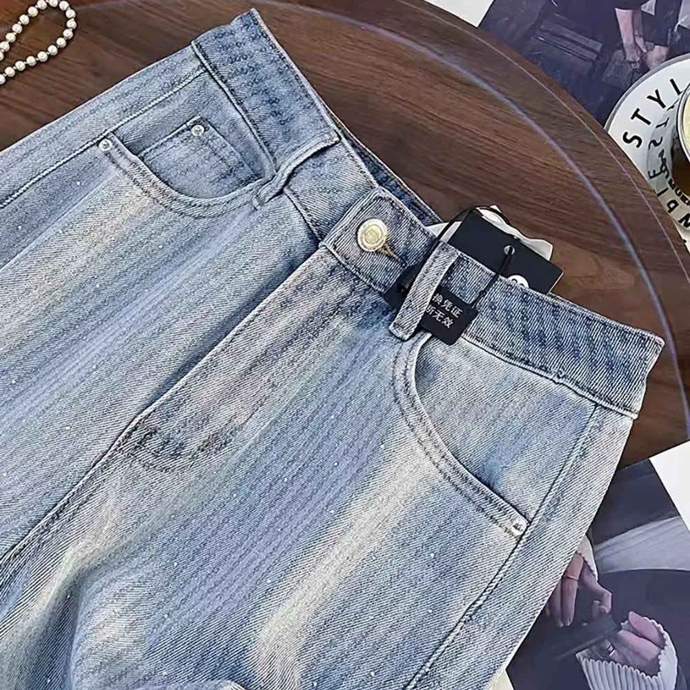 Shiny Rivet Wide Leg Jeans