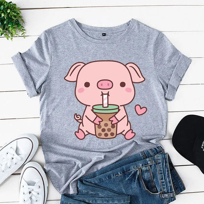 Pig Boba Tea Print Women Casual T-shirts Kawaii Pink Pig Tshirts Oversize Fashion Trend Tee Tops