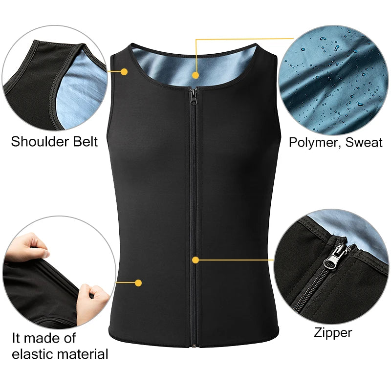 Men Body Shaper Sauna Heat Trapping Sweat Enhancing Vest Workout Gym Slimming Compression Suit Waist Trainer Corset with Zipper