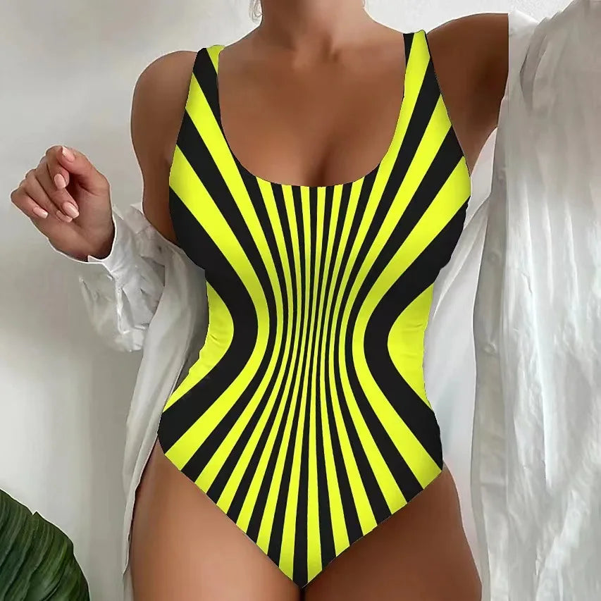 Black Striped One Piece Swimsuit Large Size 5XL Set