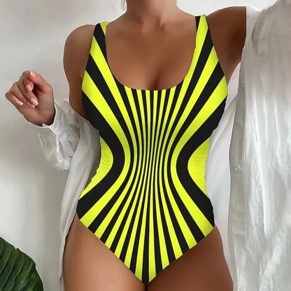 Black Striped One Piece Swimsuit Large Size 5XL Set